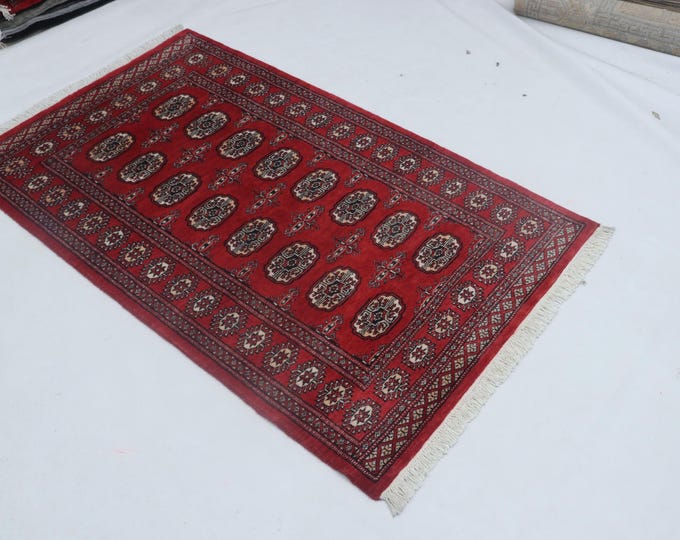 3 X 5 ft Geometrical Mori Bokhara Rug, Red, Handmade Cotton and Wool