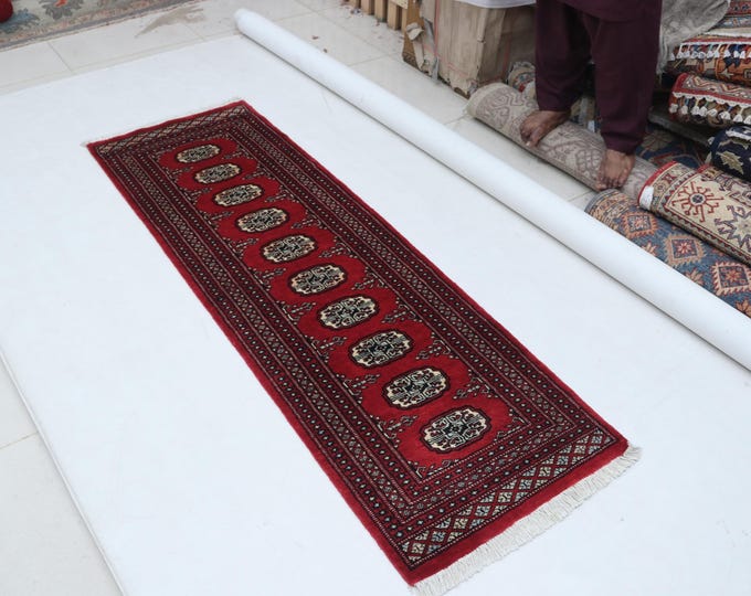 2.0 X 6.3 ft Red Geomatrical Runner Handmade, Mori Bokhara Cotton and Wool