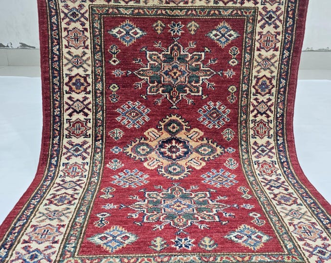 2.5 X 4 ft Handmade Floral Super Kazak Rug, Red and Beige, Cotton and Wool
