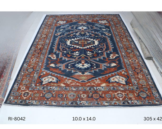 Hand-Knotted Wool Rug, Geometric Design, Blue and Copper, 10.0 x 14.0 ft