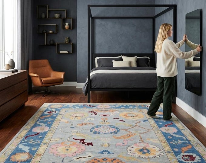 8.4 X 9.9 ft Blue Floral Handmade ,Oshak Wool