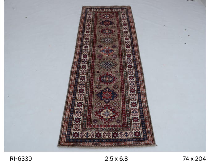 Hand-Knotted Kazak Rug, Wool & Silk Touch, Brown Beige Geometric, 2.5 x 6.8 ft