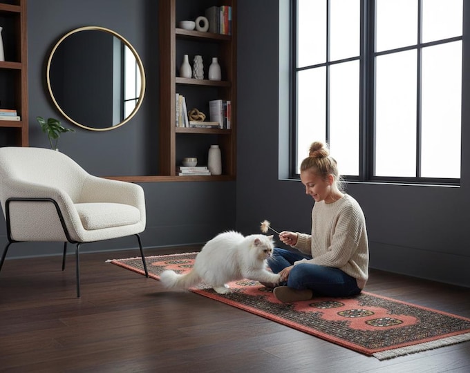 2.1 X 5.9 ft Copper Geomatrical  Runner Handmade, Mori Bokhara Cotton and Wool