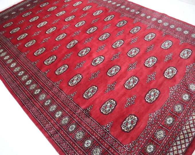 7 X 10 ft Handmade Geometrical Mori Bokhara Rug, Red, Cotton amd Wool