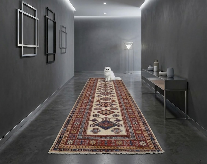 2.8 X 8.4 ft Beige and Red Geomatrical Handmade Runner, Super Kazak Cotton and Wool