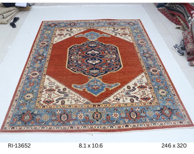 Hand-knotted Chobi Cotton and Wool Rug Floral  in Red and Blue border, 8.1 x 10.6 ft