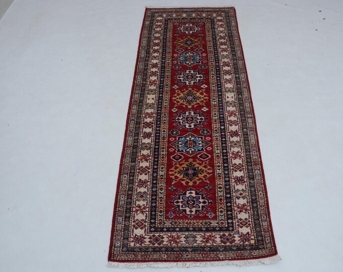 2.5 X 6.8 ft Red and Beige Geomatrical Handmade, Super Kazak Cotton and Wool