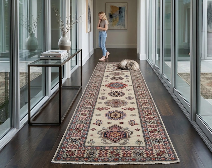 2.8 X 7.10 ft Beige Geomatrical Handmade Runner, Super Kazak Cotton and Wool