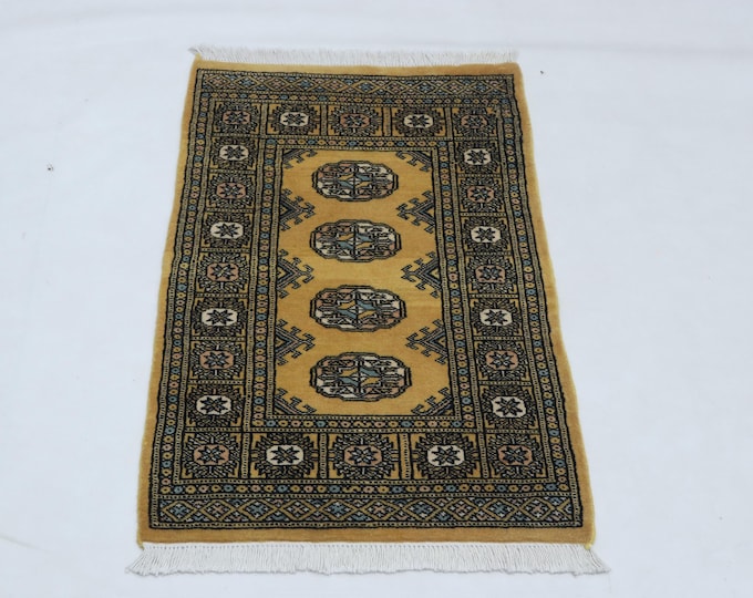 2 X 3 ft Yellow Geometrical Handmade, Mori Bokhara Cotton and Wool