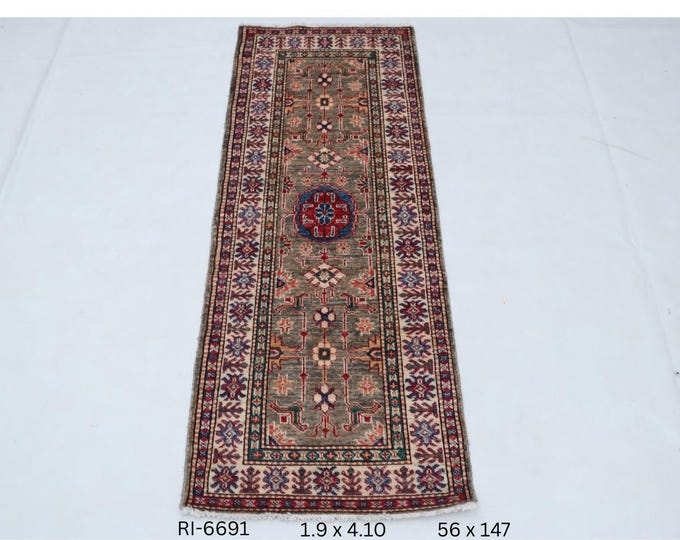 Hand-knotted Super Kazak Cotton and Wool Rug, Geomatrical in Brown base and Beige border, 1.9 X 4.10 ft