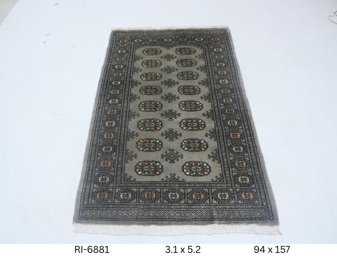 Hand-knotted Mohri Bokhara Cotton and Wool Rug, Geomatrical in Gray base and Gray border, 3.1 x 5.2 ft