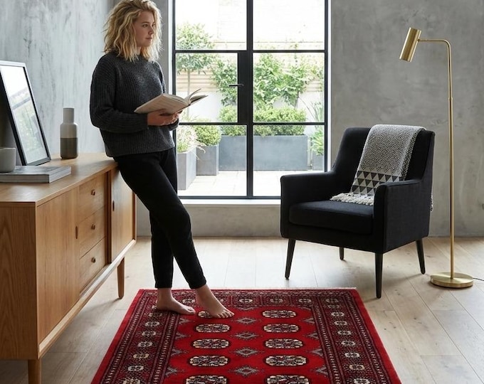 3.0 X 5.1 ft Red Geomatrical Handmade Runner, Mori Bokhara Cotton and Wool