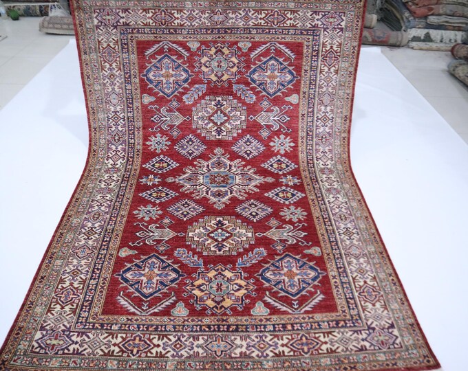 5x7 Red Kazak Rug – Hand-Knotted Afghan Wool, Geometric Design