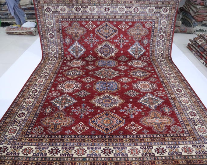 8x11 Red Kazak Rug - Handmade Afghan Wool, Geometric Design