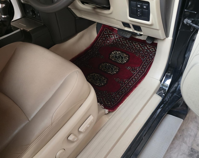 1.5 X 2 ft Geomatric Handmade Car Mats Pair, Red Wool Car Floor Rugs, Cotton and Wool Car Mats