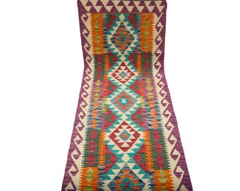 2.5 X 6.5 ft Runner Handmade Geometrical Killim Rug, Muilty, Wool