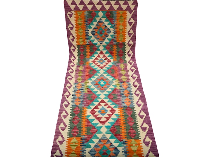 2.5 X 6.5 ft Runner Handmade Geometrical Killim Rug, Muilty, Wool