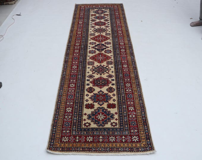 3 X 8 ft Beige and Red Geomatrical Handmade Runner , Super Kazak Cotton and Wool
