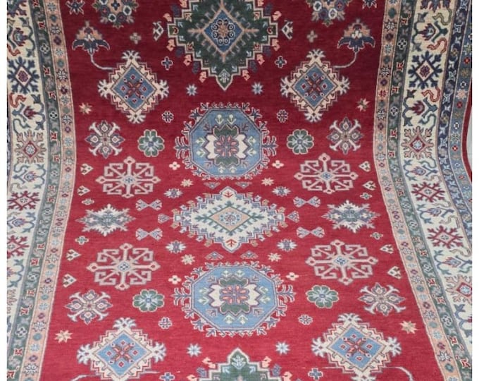 6 X 10 ft Red and Beige Floral Handmade, Heriz Rug Cotton and Wool