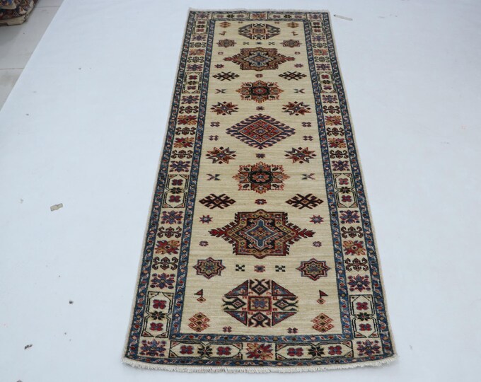 3 X 6 ft Beige Geomatrical Handmade Runner, Super Kazak Cotton and Wool