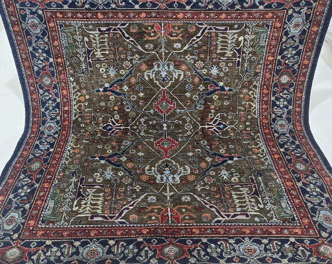 6 X 6 ft Handmade Floral Chobi Square Rug, Brown and Blue, Cotton and Wool