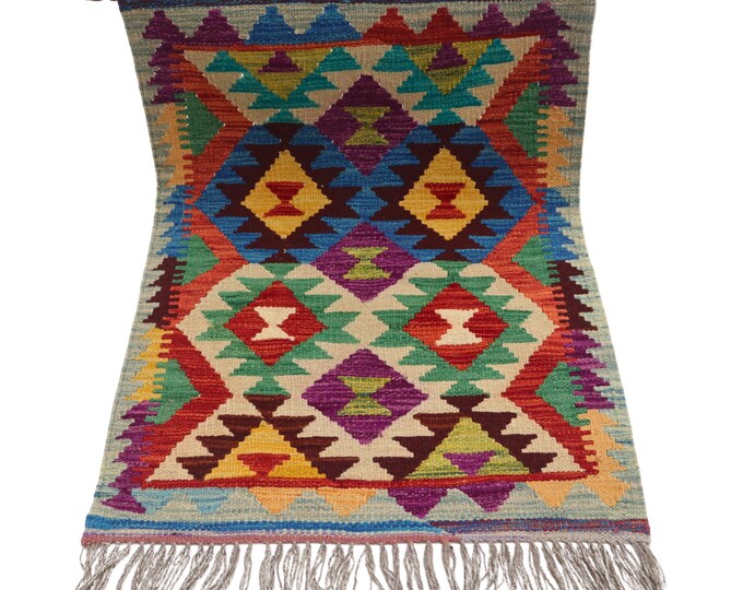 2 X 3 ft Handmade Geometrical Killim Rug, Muilty, Wool