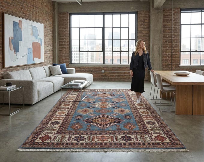 6.0 X 9.4 ft Blue and Beige Geomatrical Handmade , Super Kazak Cotton and Wool