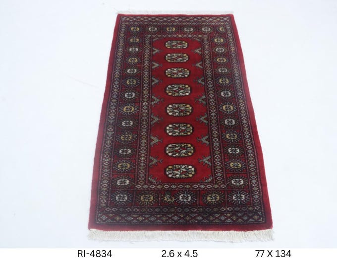Hand-knotted Mohri Bokhara Cotton and Wool Rug, Geomatrical in Red base and Red border, 2.6 x 4.5 ft