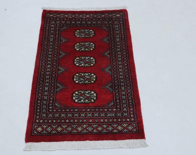 2 X 3 ft Red Geomatrical Handmade, Mori Bokhara Cotton and Wool