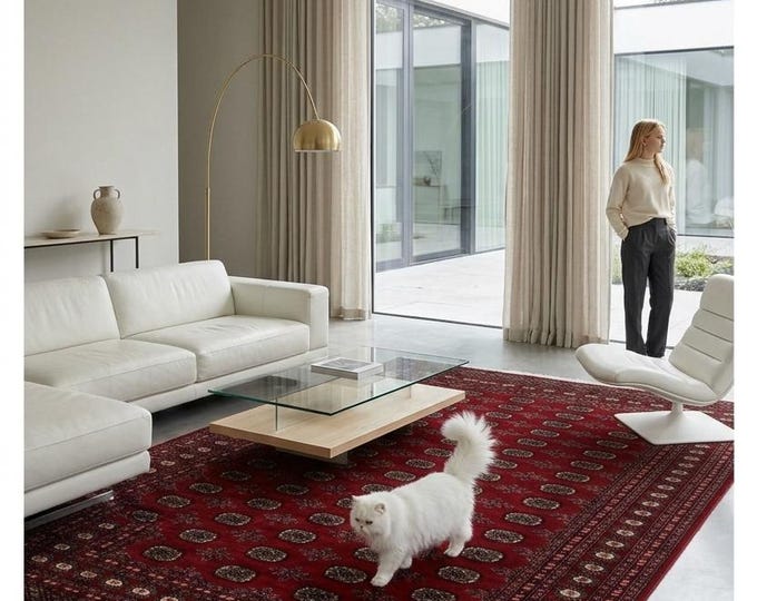 6.9 X 10.3 ft Red Geomatrical Handmade Runner, Mori Bokhara Cotton and Wool