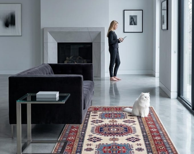 3.3 X 4.11 ft Beige and Red Geomatrical Handmade, Super Kazak Cotton and Wool