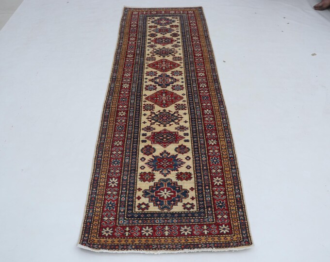 2.7 X 8.2 ft Beige and Red Geomatrical Handmade Runner, Super Kazak Cotton and Wool