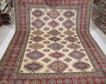9x12 Beige & Red Kazak Rug – Handwoven Afghan Wool Area Rug