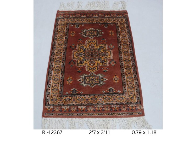 Hand-Knotted Wool and Silk Touch Rug, Copper Geometric Design, 2.7 x 3.11 ft