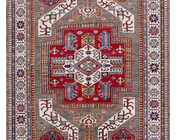 5.6 X 8.2 ft Gray and Beige Geomatrical Handmade , Super Kazak Cotton and Wool