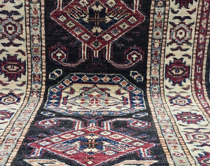 2 X 3 ft Handmade Floral Super Kazak Rug, Black and Beige, Cotton and Wool