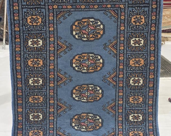 2 X 3 ft Blue Geometrical Handmade, Mori Bokhara Cotton and Wool