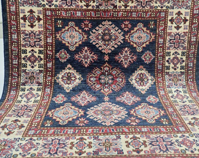 3 X 3 ft Handmade Floral Super Kazak Rug, Blue and Beige , Cotton and Wool