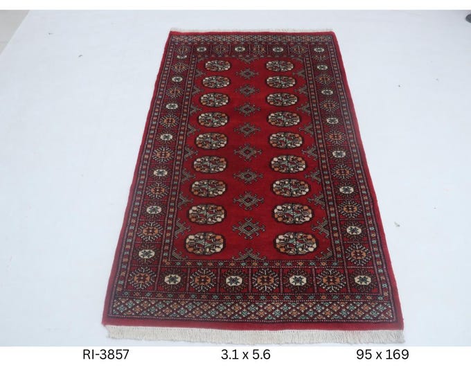 3.1 X 5.6 ft Red Geomatrical Handmade Runner, Mori Bokhara Cotton and Wool