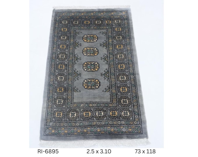 Hand-knotted Mori Bokhara Cotton and Wool Rug, Geomatrical in Grey base and Grey border, 2.5 x 3.10 ft