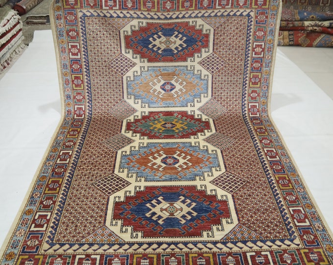 Hand Knotted Afghan Wool Rug – 5.7x8.3 ft, Beige Red Geometric Rug