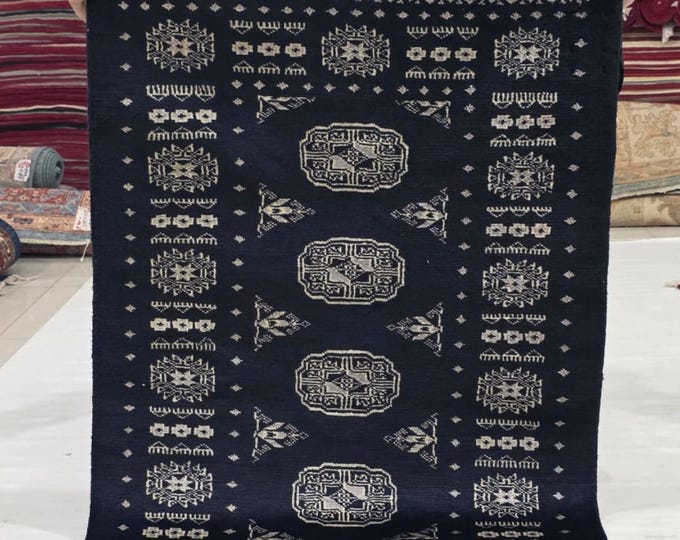 2.5 X 4 ft Black Geometrical Handmade, Mori Bokhara Rug Cotton and Wool