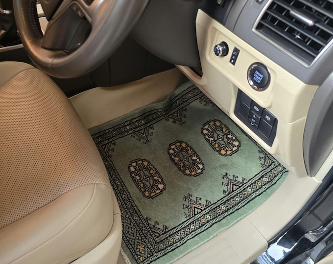 1.5 X 2 ft Geomatric Handmade Car Mats Pair, Green Wool Car Floor Rugs, Cotton and Wool