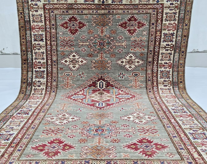 3.5 X 5 ft Handmade Floral Super Kazak Rug, Gray and Beige, Cotton and Wool