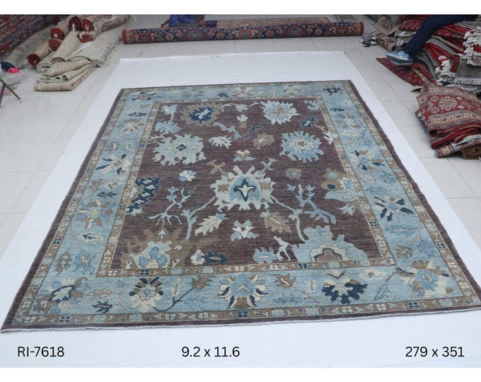 Hand-knotted Oshak Wool Rug Floral  in Brown base and Blue border, 9.2 x 11.6 ft