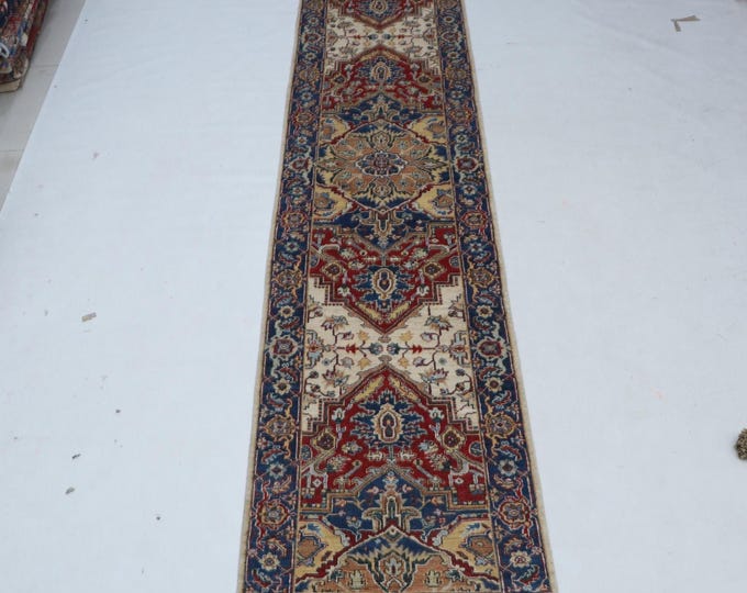 2.7 X 12.0 ft Beige and Blue Floral Handmade Runner ,Heriz Cotton and Wool