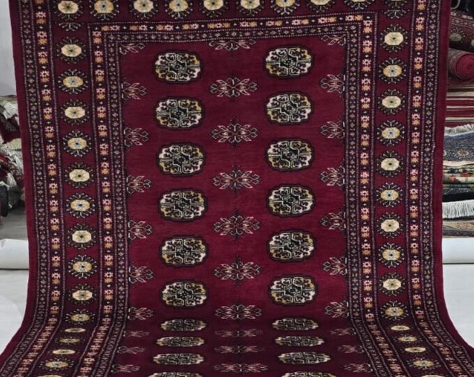 4 X 6 ft Red Geometrical Handmade , Mori Bokhara Cotton and Wool
