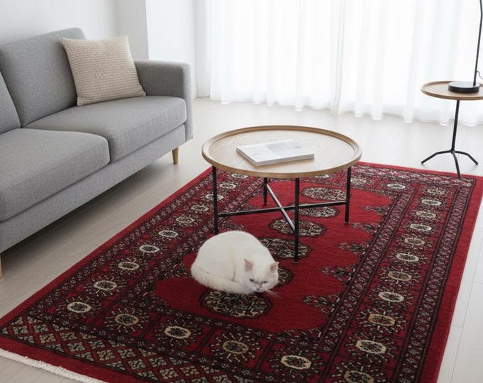 2.8 X 4.0 ft Red Geomatrical Handmade , Mori Bokhara Cotton and Wool