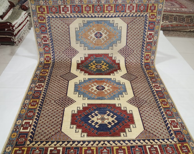 7x10 Beige Kazak Rug – Hand-Knotted Afghan Wool, Oriental Design