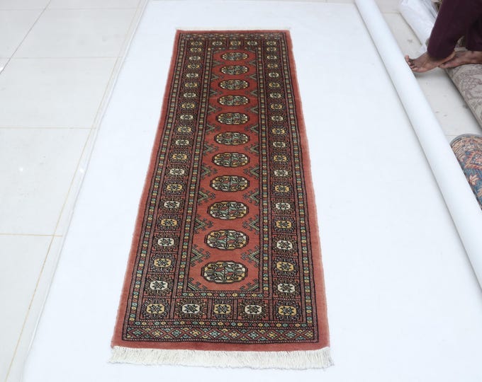 2.1 X 6.3 ft Copper Geomatrical Runner Handmade, Mori Bokhara Cotton and Wool